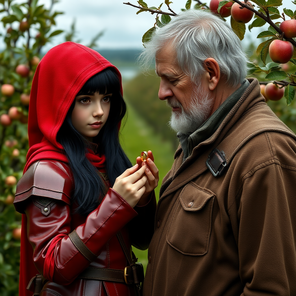 A photo realistic girl with black hair and brown eyes in red leather armor and a red hood showing a small golden ring to an old man in dirty work clothes while standing in an apple tree orchard