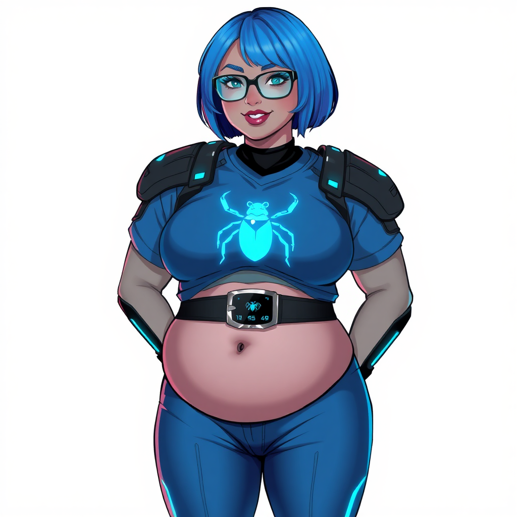 A 28-year-old, full-figured, middle gray-skinned computer program hybrid with a striking maximum blue bob cut. She has a non-athletic build, highlighted by a prominent, round, gigantic midsection (with heavy emphasis on her belly) that showcases the results of her pampering. As the cherished digital sidekick to her cyberpunk vigilante boyfriend, her middle gray metallic skin and maximum blue lipstick emphasize her digital essence. She dons a digital, computerized costume featuring a large, tight-fitting, maximum blue t-shirt with a neon blue glowing beetle icon on the chest, hi-tech shoulder pads with neon blue accents, a black hi-tech belt with a digital neon blue glowing beetle buckle, and digital maximum blue biker pants with neon blue accents. Her look is completed with black hi-tech fingerless biker gloves with neon blue glowing accents. Her neon blue glowing eyes, black eyeglasses with a neon blue glowing HUD built into the lenses, and a shy smile with neon red blush highlight her nerdy charm. She stands bashfully with her hands behind her back, her costume covering all her skin and emphasizing her full-figured physique, especially her belly. Despite her non-athletic build, she radiates beauty. Her slim face contrasts with her physique, accentuating her radiant beauty. She is depicted on a solid white background. She is drawn as if she were in a retro 2D cyberpunk fighting game.