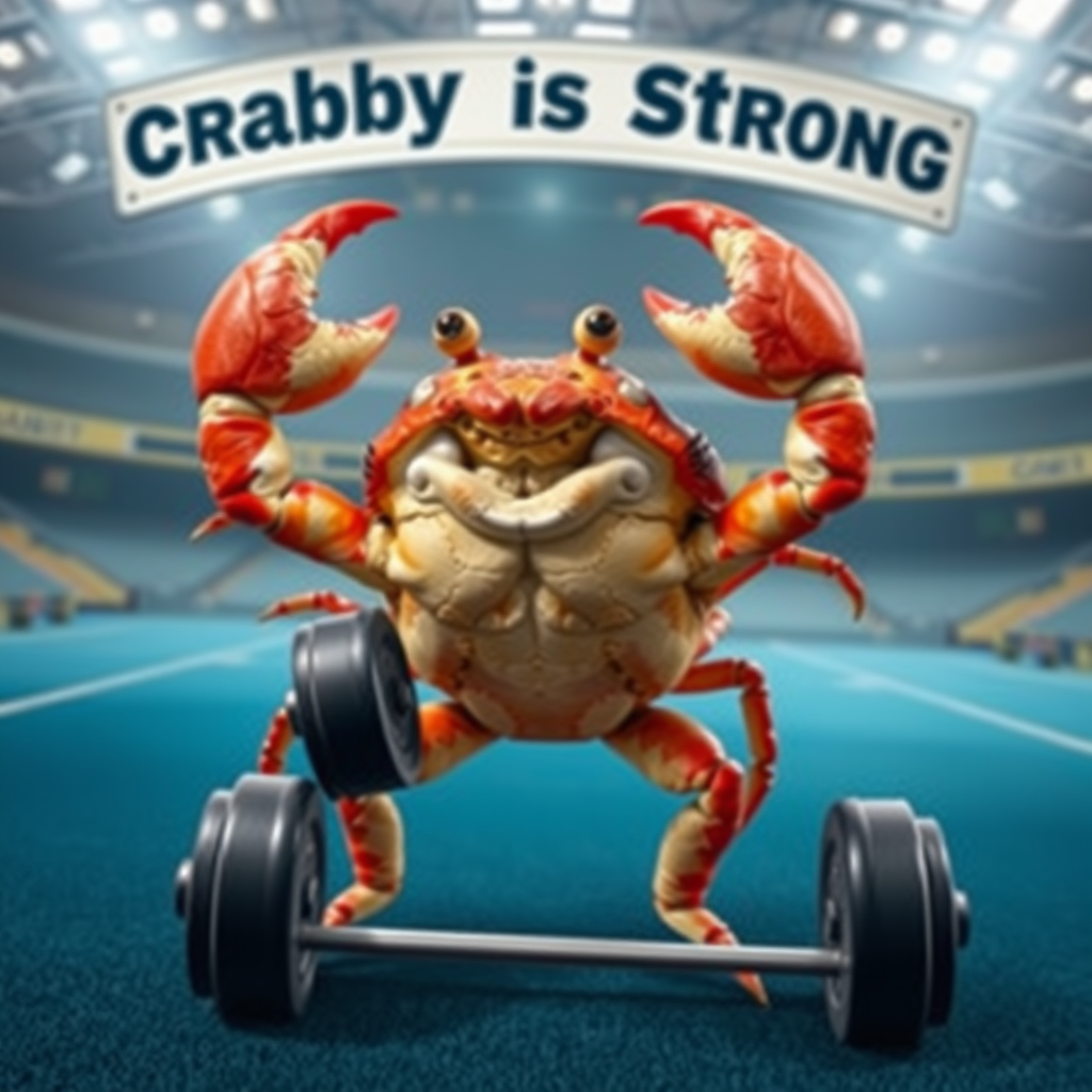 A photo realistic crab lifting weights with his claws in a sport arena with a banner overhead that says "Crabby is Strong"