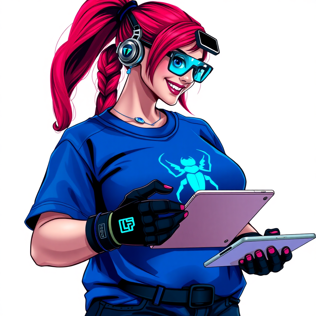 An intelligent and tech-savvy 29-year-old computer hacker and tech genius. She has a long ruby red ponytail. She wears maximum blue lipstick, blue eyes, a sapphire beetle gemstone necklace, sapphire earrings, black eyeglasses, hi-tech power gloves, and an oversized maximum blue t-shirt featuring a neon blue glowing beetle chest icon. She has a gargantuan full-figured physique with a prominent round gargantuan midsection, reflecting her well-cared-for lifestyle. She sports a sapphire headset with a hi-tech maximum turquoise lensed HUD, and a beaming smile accentuated by a passionate neon red blush. She serves as his tech expert from his hideout, holding a futuristic tool wrench and a futuristic digital tablet. The background is solid white. She is drawn as if she was in a retro 2D cyberpunk fighting game.