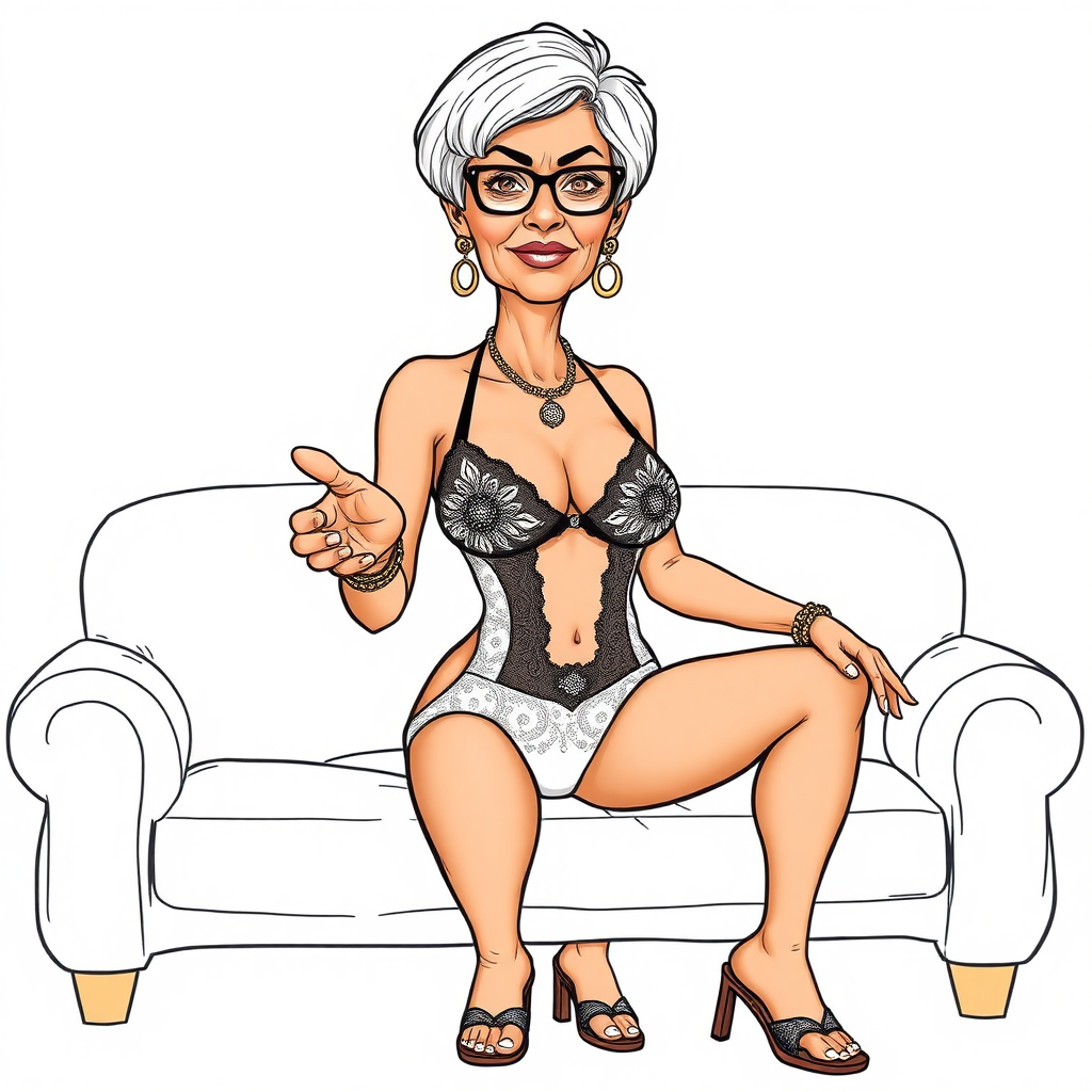 a towering 55 years old, fit, slim, European, Latina, sharp aquiline nose, wrinkles, high cheekbones, Middle Eastern, skinny, tanned skin, dark light skin, rounded medium breasts, skinny thighs, full makeup, jewelry, serious face, sharp nose, ash hair, short bowl haircut, brown eye color, glasses, with detailed features. She is wearing embroidered black mesh balconette bras and a tight white high cut 1980s mesh cut out swimsuit, detailed fabric. Full body, high heels sandals, she is hand gesturing at the viewer to join her on a couch, sweating, long establishing shot, 2D, caricature, cartoon, sketch lines, coloring book, coloring book style on white background, well composed, clean coloring book page, no dither, no gradient, strong outline, no fill, no solids, vector illustration, realistic proportions.