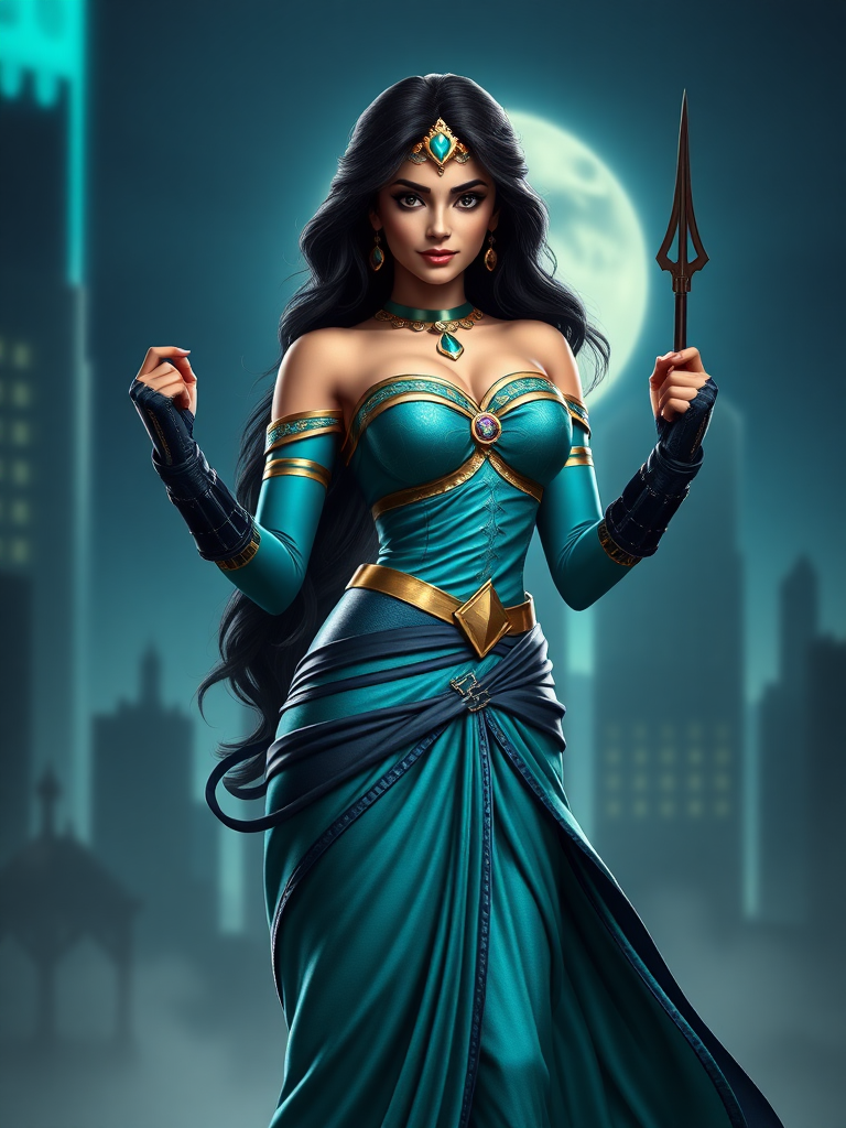 Create a full-length photorealistic render of Princess Jasmine, retaining her head while transforming her body type to that of Nightwing. Adjust body structure, gender traits, and silhouette to fit the new physique. Modify the costume appropriately to complement this new body type. Set the scene against a suitable background that reflects the essence of both characters, blending elements of Jasmine's Arabian theme and Nightwing's urban environment. Focus on capturing dynamic poses and details that showcase the fusion of their identities.