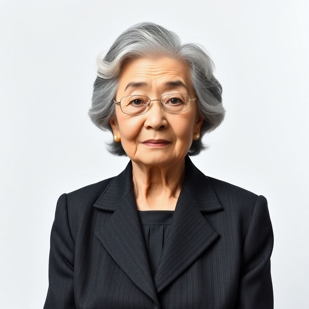 70 age old korean woman, front, woman suit, photo studio background, black and white hair