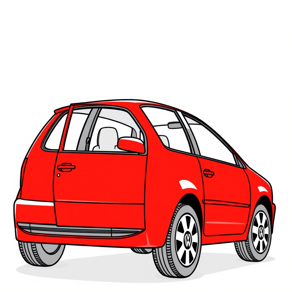 red vw polo II car, driver's door wide open, long establishing shot, 2D, caricature, cartoon, Sketch lines, coloring book, coloring book style on white background, well composed, clean coloring book page, No dither, no gradient, strong outline, No fill, No solids, vector illustration, realistic proportions, blueprint, left side view