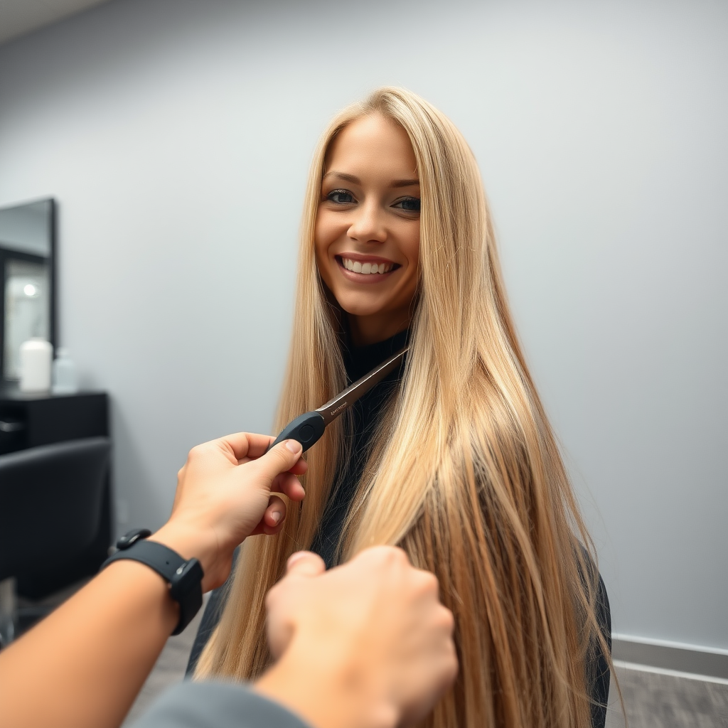 POV, beautiful very long haired blonde woman sitting in a hair salon smiling at the camera while I reach out from behind the camera to trim her very long hair. Plain gray background.