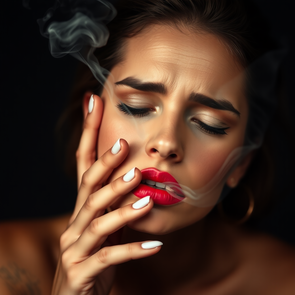 beautiful woman smoking and crying