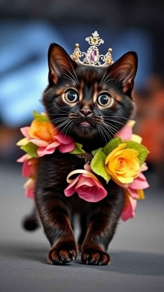 A little chubby cat with big eyes and a pink nose, black in color, walking on two paws, wearing a real flower costume and a beautiful crown, doing a ramp walk in a fashion show.