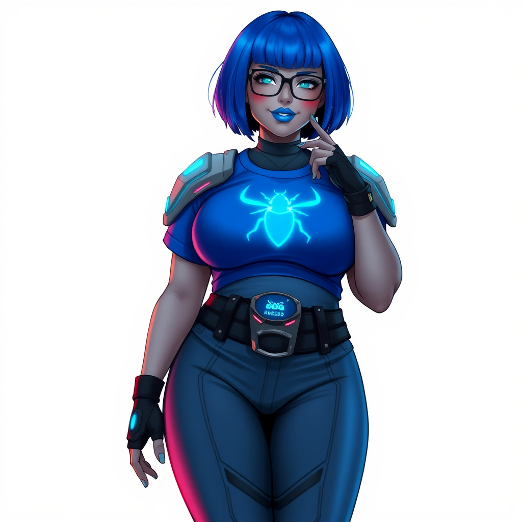 A 28-year-old, full-figured, middle gray-skinned computer program hybrid with a maximum blue bob cut. She has a non-athletic build, highlighted by a prominent, round, large midsection (with emphasis on her belly), which shows the aftermath of her pampering. As the heavily pampered digital sidekick to her cyberpunk vigilante boyfriend, her middle gray metallic skin and maximum blue lipstick emphasize her digital nature. She wears a digital, computerized costume inspired by DC’s Carrie Kelly Robin, consisting of a huge, tight-fitting, maximum blue t-shirt with a neon blue glowing chest icon of a beetle, hi-tech shoulder pads with neon blue accents, a black hi-tech belt with a digital neon blue glowing buckle, digital maximum blue biker pants with neon blue accents, and black hi-tech fingerless biker gloves with neon blue glowing accents. Her neon blue glowing eyes, black eyeglasses with a neon blue glowing HUD built into the lenses, and shy smile with neon red blush accentuate her nerdiness. She stands bashfully with one hand behind her back and the other hand gently touching her cheek, her costume covering all her skin and emphasizing her full-figured physique (especially her belly). She is clearly non-athletic, with a focus on her full-figured physique. Despite her build, she radiates beauty. She has a slim face compared to her physique, accentuating her radiant beauty. She is on a solid white background. She is drawn as if she were in a retro 2D cyberpunk fighting game.