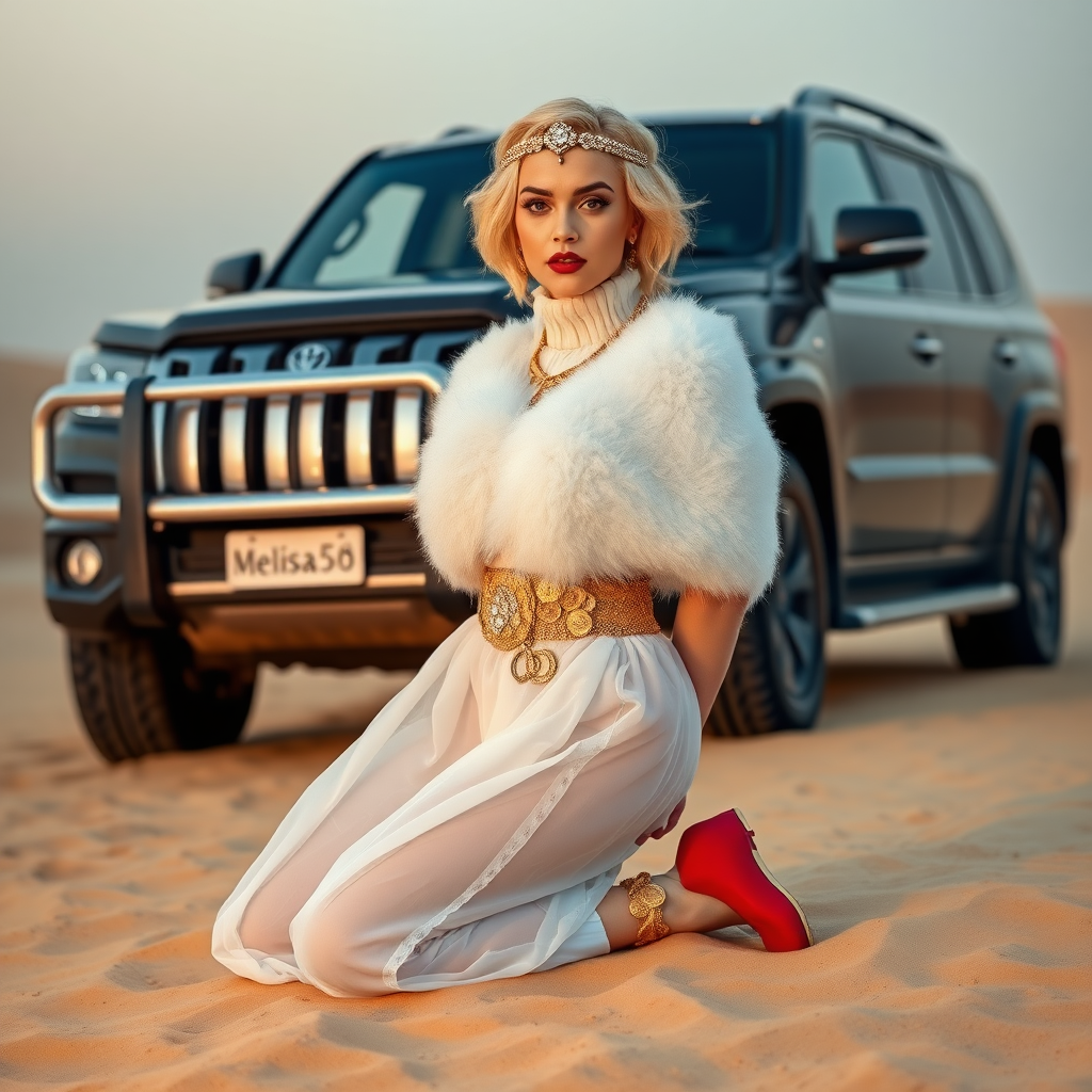 Kuwait desert dunes misty dawn, full size luxury SUV: Melissa, European 17 years old very convincing femboy “trophy-bimbo”, tamed servile docile, very beautiful feminine flawless face, rather short, by hormones very curvaceous womanly figured, platinum blond short tight curls, bold red lips, heavily made-up face, wearing Supertanya-style fluffy very fuzzy bright white angora turtleneck-poncho cropped ending under bust decorated with pearls and gemstones, striking oriental wide gold bridal protection belt, white fully transparent harem pants, bright red pumps with golden very high heels, full Oriental bridal jewelry including headpiece, nose-ring, coin anklets, striking diamond “Bimbo” letter brooch on left chest, pout frustrated, hands tied behind back, kneeling in sand in front of SUV, looking at camera. Focus on face and turtleneck-poncho.