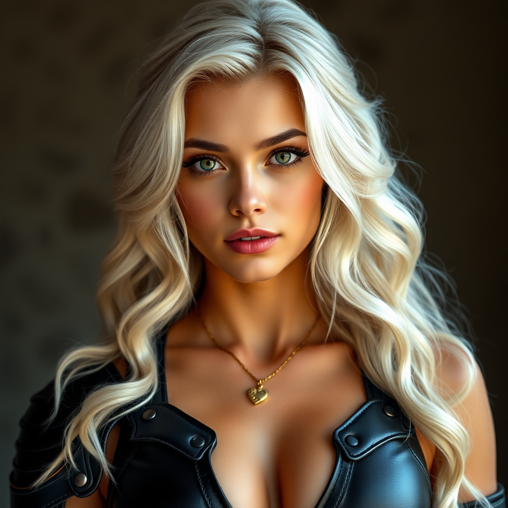 Portrait of a beautiful young woman with long wavy platinum blonde hair, platinum blonde eyebrows, green eyes, a suntan, and large breasts. She is wearing black leather armor and a gold necklace with a small heart pendant.