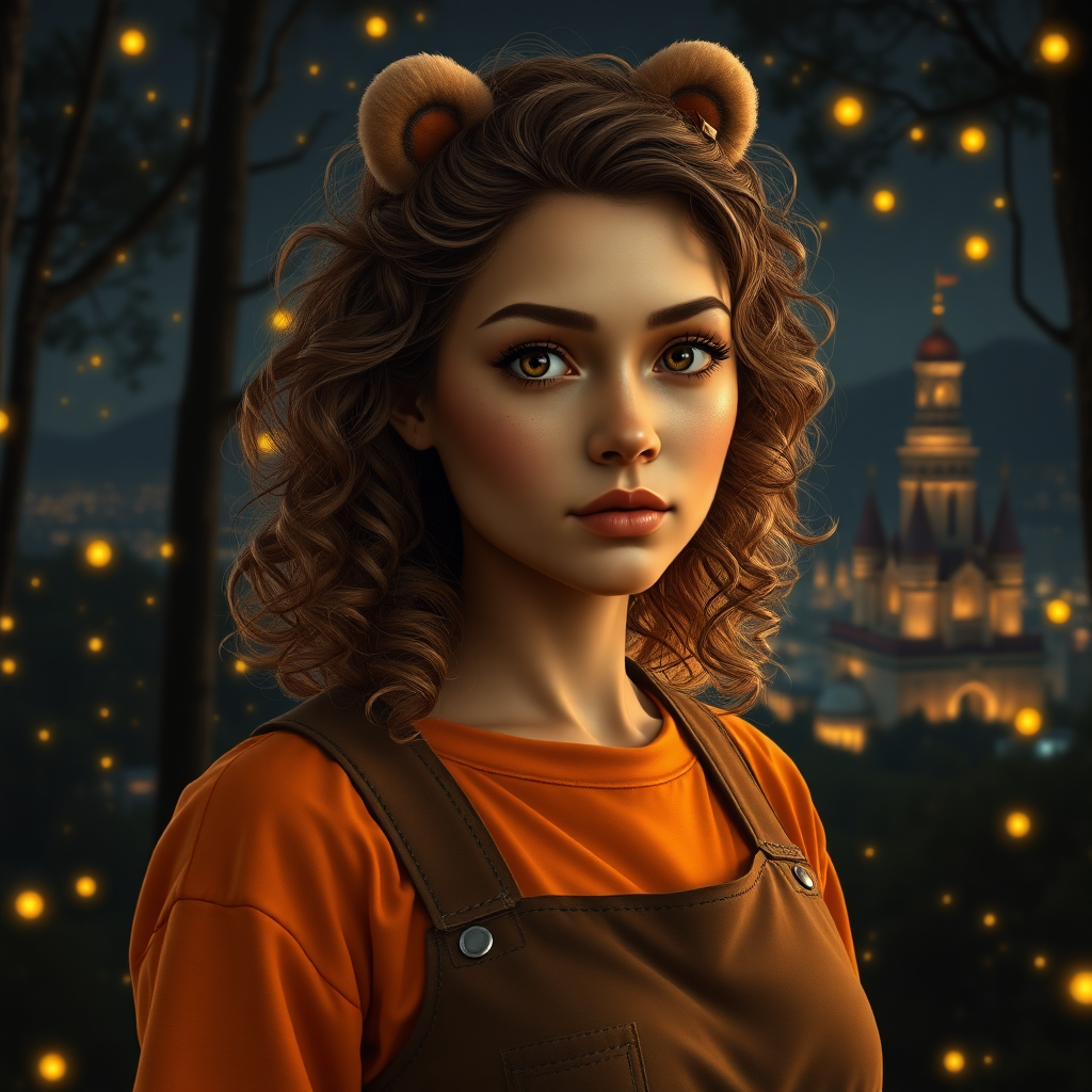 Create a realistic, detailed image of a 25-year-old woman with olive skin. Her eyes are amber and orange in color. Her hair is voluminous and curly to her shoulders. She has delicate features and her face is strong and cute at the same time. She wears a brown jumpsuit and an orange blouse underneath. She has freckles on her face. It's in the middle of a dark forest, lit by fireflies that glow softly. In the background, a city with fantastic architecture, giving a magical touch to the scene. The image must be extremely realistic, capturing every detail with precision and 8k quality. It looks like a photograph. Extremely realistic. 25 years old. She wears a bear clip on her head. Beautiful. Beautiful. Extremely realistic. Beautiful appearance. Shiny golden hair.