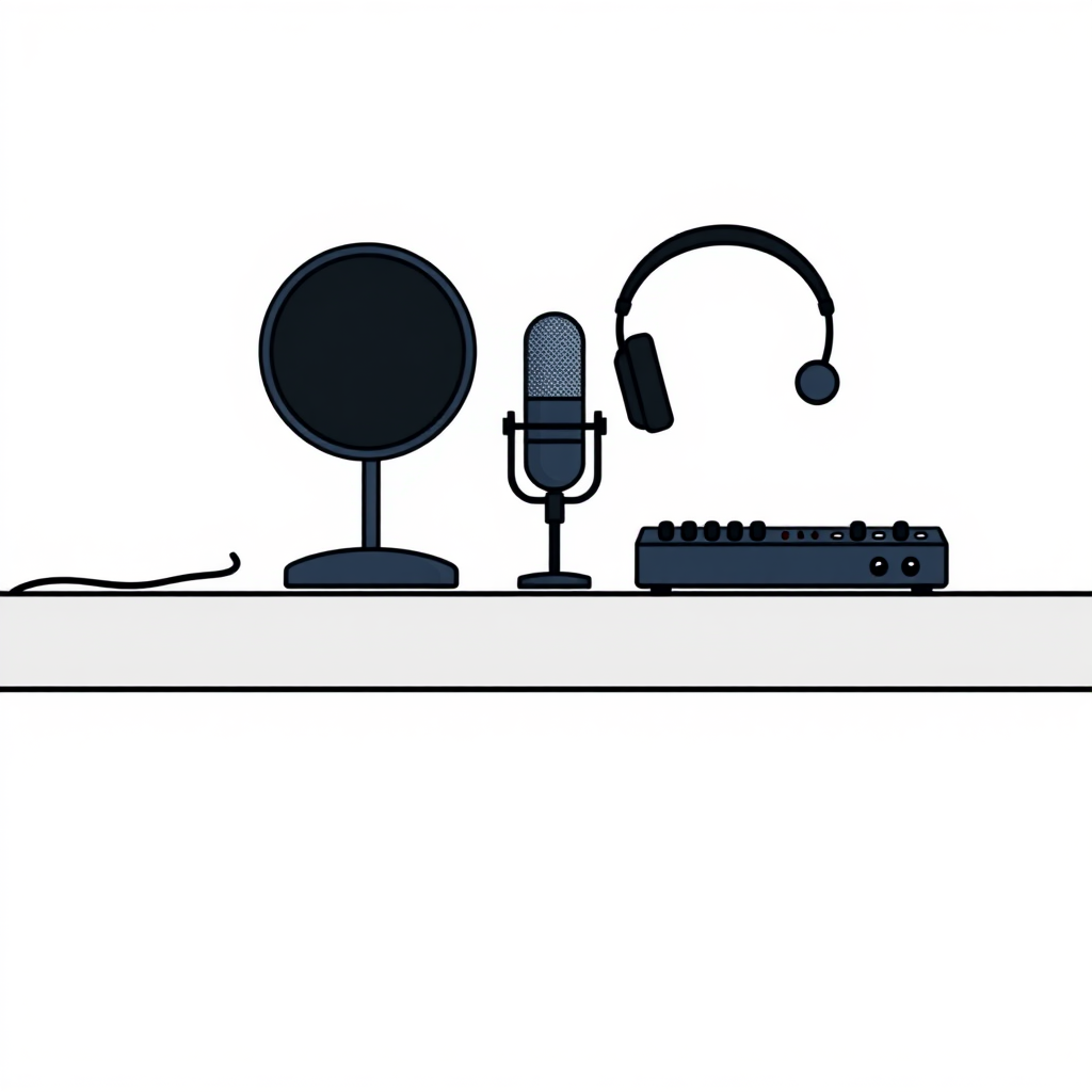 A minimalist, flat design illustration of a podcast setup. The image should include a microphone, headphones, and a sound mixer or audio interface on a simple desk or tabletop. The background should be a plain, neutral color like white, gray, or light blue. The overall style should be clean, modern, and visually appealing as a generic stock image for podcasting.