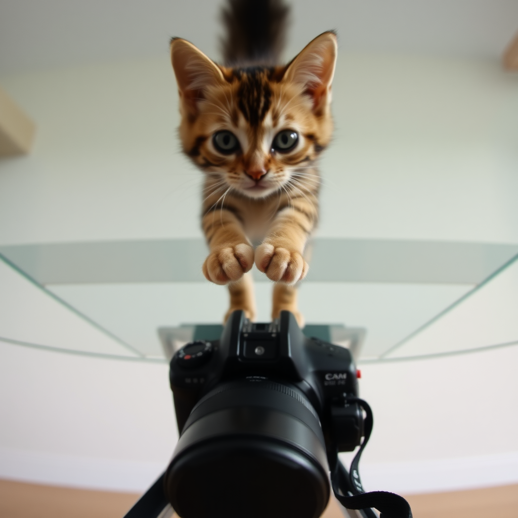 The camera is positioned directly underneath a transparent dining table, shooting vertically upward. A cute little cat walks on top of the table, and the pads of its four paws are clearly visible.