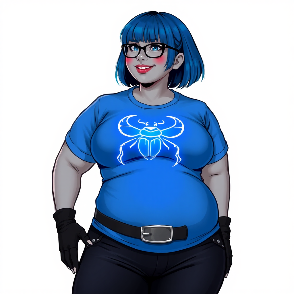 A 28-year-old, full-figured, metallic middle gray skinned computer program hybrid with a maximum blue bob cut. She has a non-athletic build, highlighted by a prominent, round, large midsection (with emphasis on her belly). As a digital sidekick, computer hacker, and nerdy girlfriend to her cyberpunk vigilante boyfriend, her middle gray metallic skin and maximum blue lipstick emphasize her digital nature. She wears a tight-fitting, maximum blue t-shirt (accentuating her large belly) with a neon blue glowing chest icon of a beetle, black pants, a black belt with a sapphire scarab buckle, and black gloves. Her bright blue eyes, black eyeglasses, and lovestruck smile with neon red blush accentuate her nerdiness. She stands bashfully with her hands behind her back, her t-shirt covering her midsection (especially her large belly) and emphasizing her full-figured, non-athletic physique. She is on a solid white background. She is drawn as if she was in a retro 2D cyberpunk fighting game. She is clearly non-athletic, with a focus on her full-figured physique. Ensure her t-shirt covers her midsection (especially her large belly).