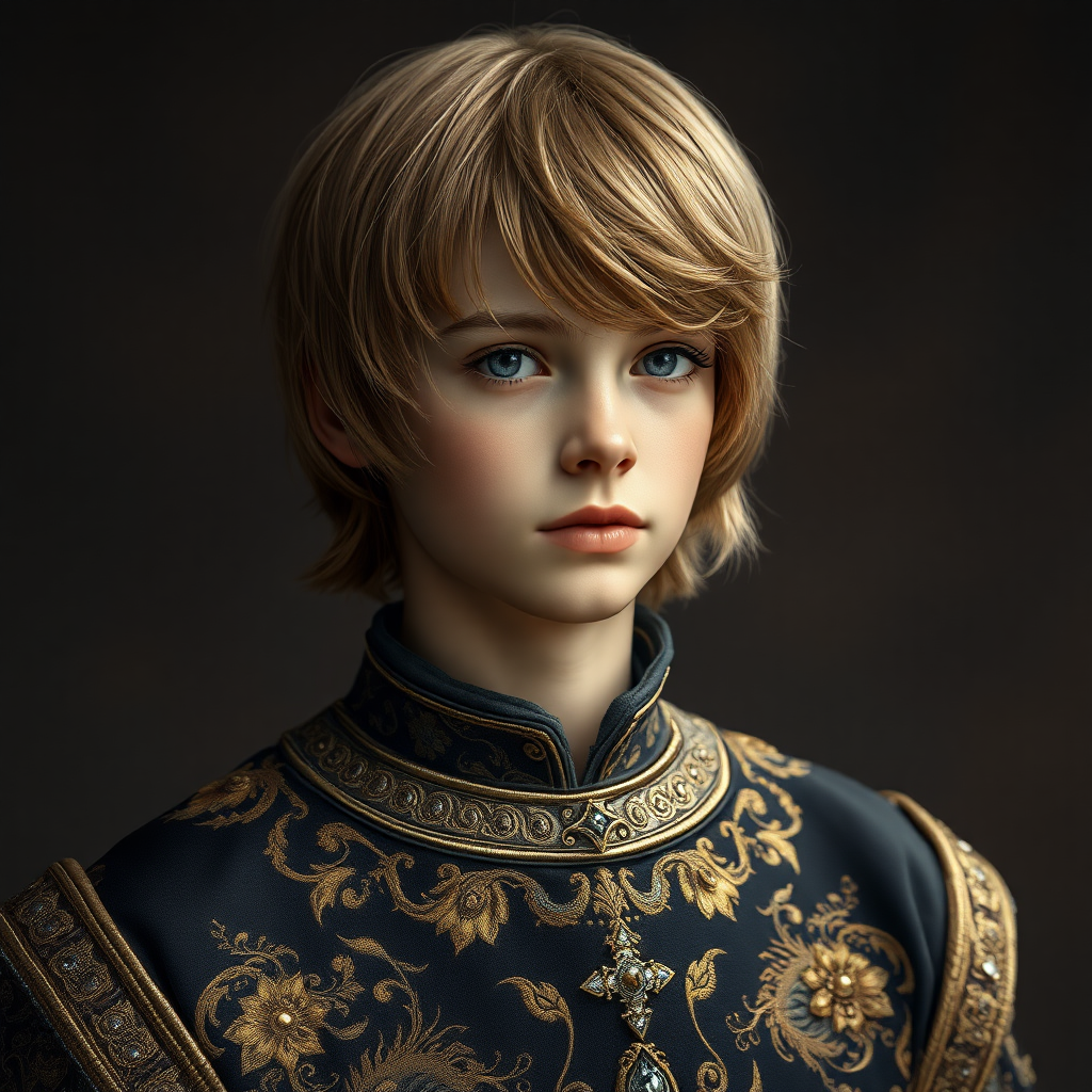 16yo teen boy prince, long bob cut, embroidered with gold and diamonds medieval cloths. photorealistic, ultra high resolution, 16K,