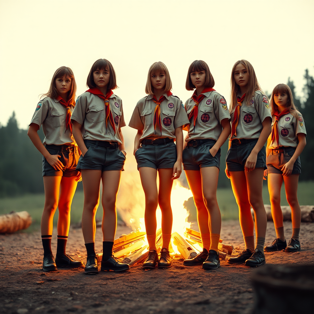 group of tall 14yo teen boys, long hair bob cut, wearing American boy scout uniform with uniform matching very tight booty shorts, tube socks, shoes, long legs, narrow thighs. a campfire. full-length view. 1980s. photorealistic, ultra high resolution, 16K, Negative: grainy, blurry, bad anatomy, extra limbs, watermark.