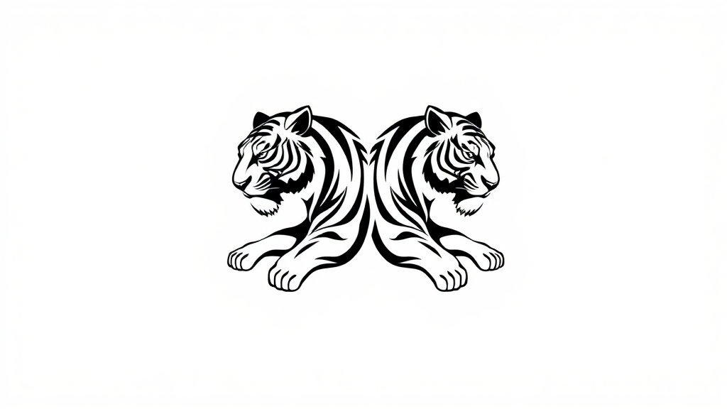 Create a minimalist, monochromatic logo design of a two serene tigers in the style of Sak Yant tattoo art. The tigers look calm not fierce or scary.