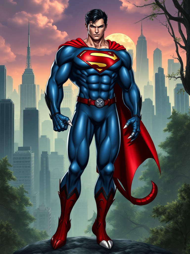 Create a full-length image of Superman with the female body traits of Felicia from Darkstalkers. Keep Superman's head and face but imbue the physique with a lithe, athletic build, muscular yet feminine, with defined curves. Retain the core Superman costume but modify it to fit the new physique, incorporating feline elements from Felicia's outfit, such as claw-like gloves, fur accents, and a tail. The background should blend Metropolis with a fantasy world, featuring skyscrapers intertwined with mystical forests, creating a harmonious setting that complements both characters.