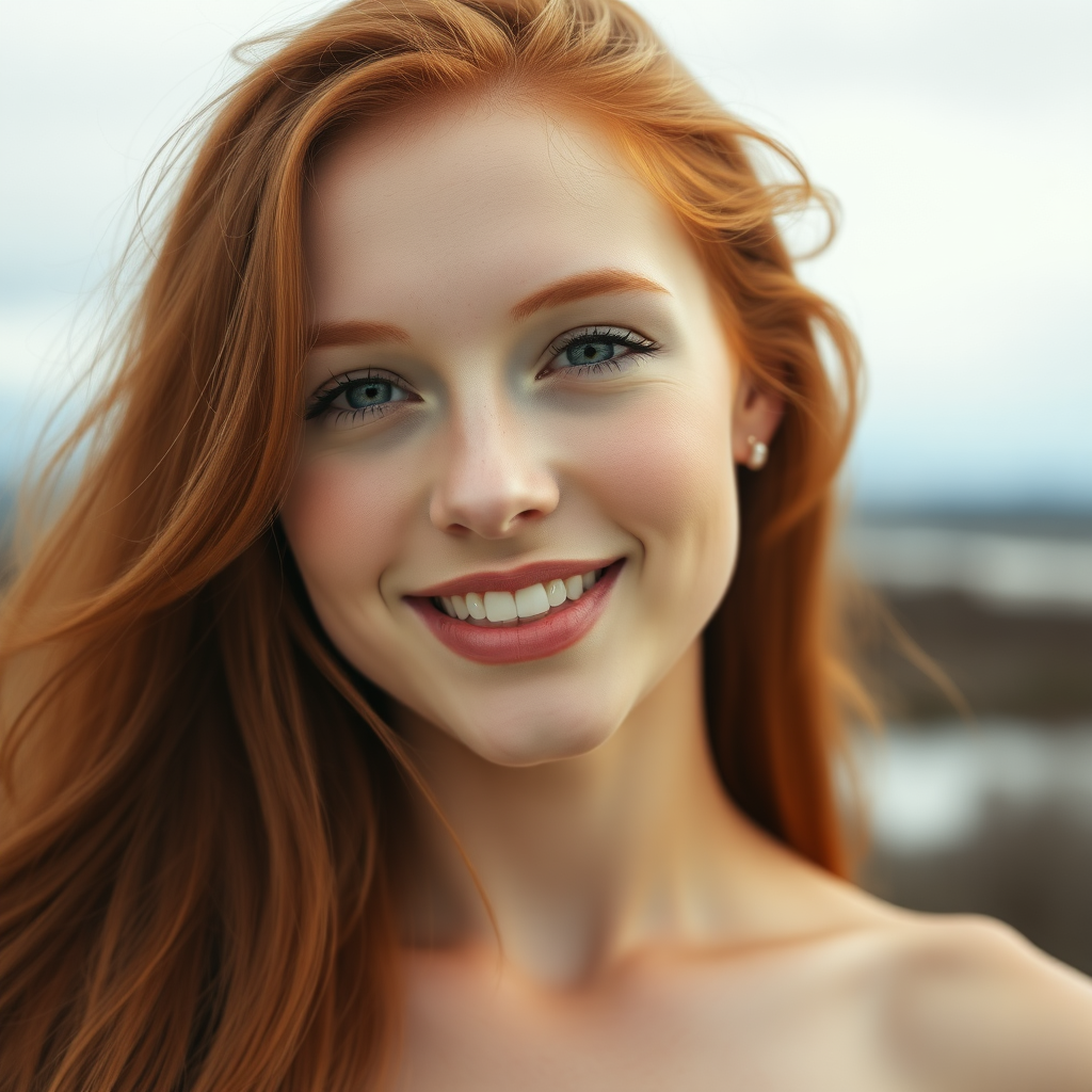 beautiful young woman with ginger long hair, full lips, pale skin, on Alaska, smiling