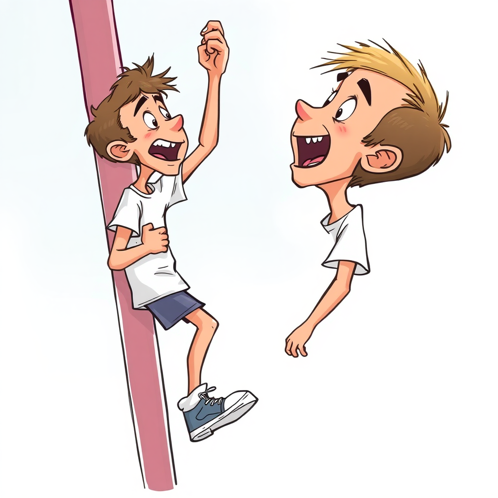 nervous short 20 year old european skinny man, short white t-shirt, standing, stunned, mesmerized, joyful, heavy drooling, heavy sweating, clinging, painfully climbing up a greased pole at the playground, side view, sneakers, detailed feet, 2D, caricature, cartoon, Sketch lines, coloring book, coloring book, colorful image,