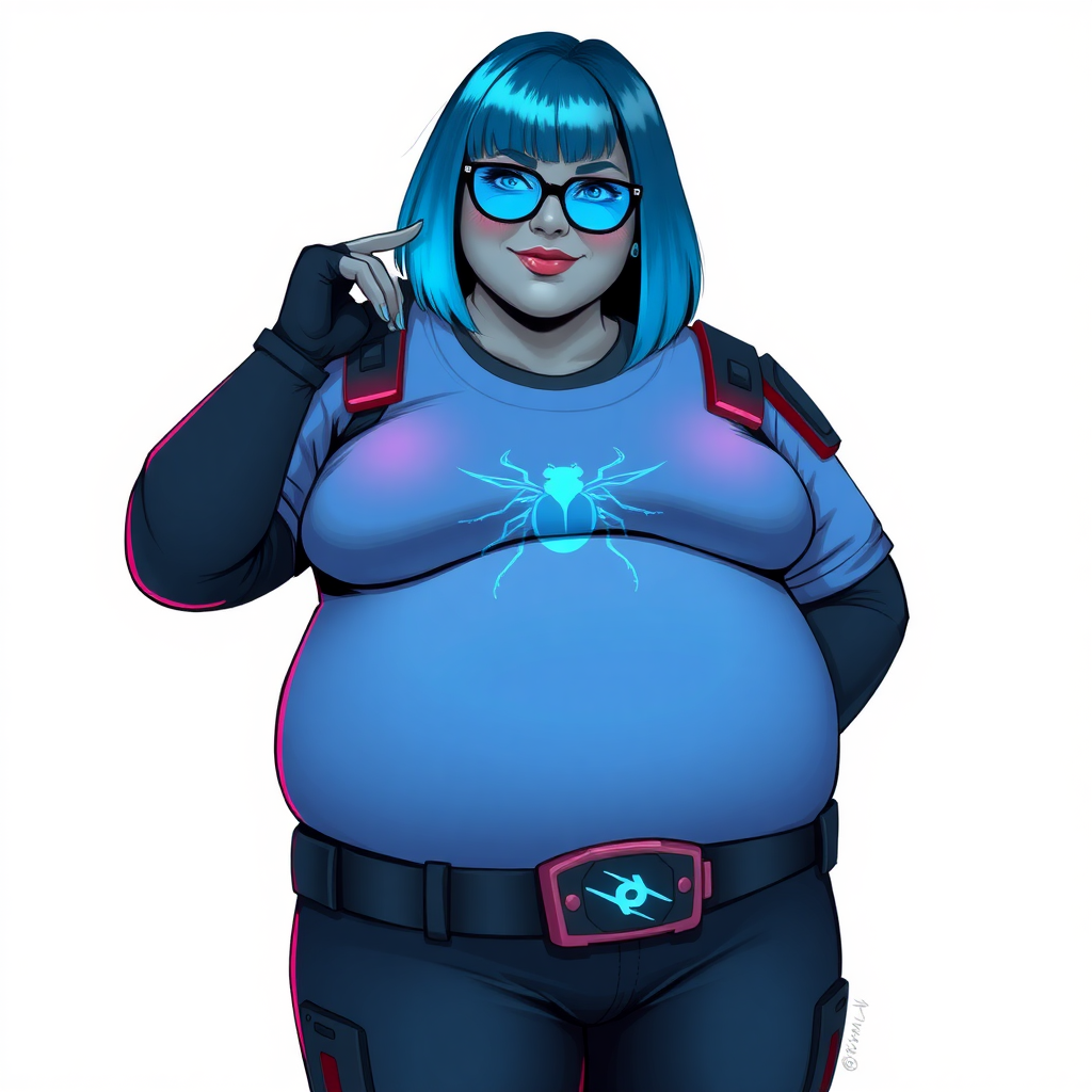 A 28-year-old, full-figured, metallic Middle Gray (N5) skinned, computer program hybrid with a maximum blue bob cut. She has a non-athletic, full-figured build, highlighted by a prominent, round, large midsection (with heavy emphasis on her belly). As the full-figured, nerdy, digital sidekick to her cyberpunk vigilante boyfriend, her metallic middle gray (N5) skin and maximum blue lipstick emphasize her digital nature. She wears a digital, computerized costume inspired by DC’s Carrie Kelly Robin, consisting of a huge, tight-fitting, maximum blue t-shirt with a neon blue glowing beetle chest icon, hi-tech shoulder pads with neon blue accents, a black hi-tech belt with a digital neon blue glowing buckle, digital maximum blue pants with neon blue accents, and black hi-tech gloves with neon blue glowing accents. Her bright blue eyes, black eyeglasses with neon blue glowing lenses with a built-in HUD, and shy smile with neon red blush accentuate her nerdiness. She stands bashfully with one hand behind her back and the other hand gently touching her cheek, her costume covering all her skin and emphasizing her full-figured physique (especially her belly). She is clearly non-athletic, with a heavy focus on her large belly. Despite her build, she radiates beauty. She has a slim face compared to her physique, accentuating her radiant beauty. She is on a solid white background. She is drawn as if she were in a retro 2D cyberpunk fighting game.