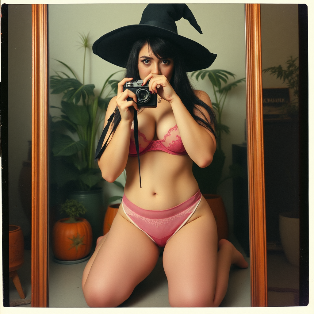 An old polaroid photo with a color tint to the photograph and visible light leaks. The photo depicts a reflection of a sexy alt goth girl with pale skin and black hair taking a self-portrait with an old film camera. She has a plump booty. Her mascara is running. She has large breasts with ample cleavage and she is wearing a skimpy g-string that leaves a gap between her pubic area and thigh. The fabric of her g-string is skimpy and pink and white and barely covers her and her bra is translucent and pink and white. She is in a photography studio with artistic lighting and plants are all around behind her. She is kneeling with her knees spread apart above a large mirror. Her underwear is damp. She is wearing a witch hat.