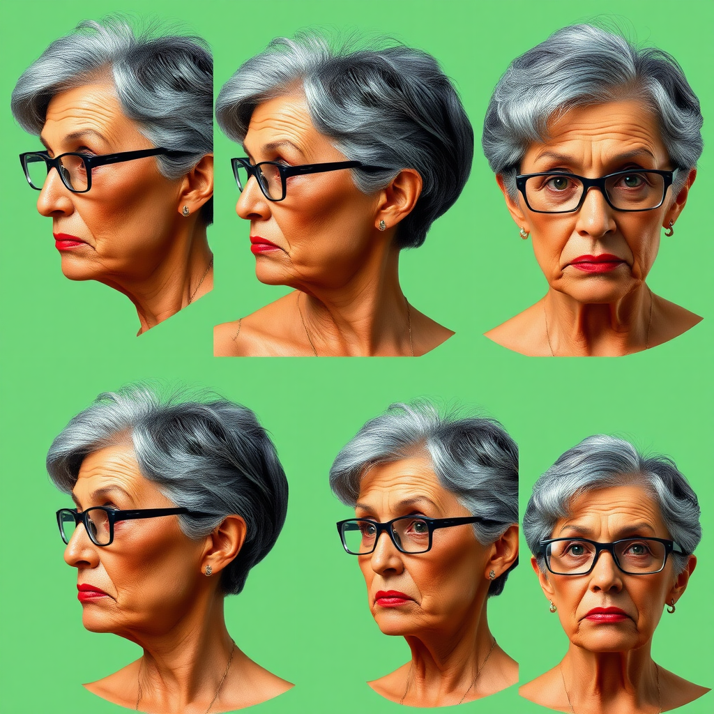 Photorealistic image of six headshots of a 55 Years old, European, Latina, sharp aquiline nose, wrinkles, high cheekbones, Middle Eastern, Skinny, Tanned skin, Dark light skin, full Makeup, jewelry, Serious face, Sharp nose, frowning, amazed, dark grey Ash hair, short bowl haircut, Brown eye color, Glasses, with detailed features. Each photo displays the same face in profile and front view, cut out and isolated on a green background. All six heads are visible side by side, empty space around each view, no overlapping.