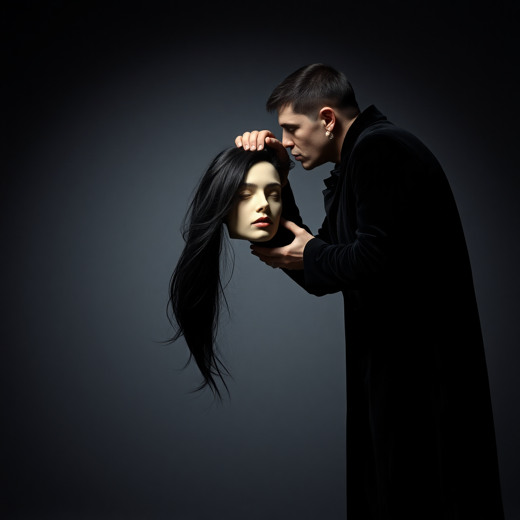 In a dimly lit performance space, the atmosphere is charged with an eerie tension as a magician dressed in a dramatic black velvet cloak executes a chilling illusion. The spotlight shines down, illuminating the stark gray backdrop that envelops the scene in a minimalist aesthetic. At the center, he reveals the severed head of a stunning female magic assistant, her long, flowing hair cascading like silken waves around her lifeless face. The contrast of her vibrant, raven-black locks against her ivory skin creates a haunting tableau.

He grips her hair with a commanding hand, raising her head to the camera with unsettling arrogance, his fingers entwined within the strands as though they are an extension of his own power. As he leans down to plant a lingering kiss on her lips, an air of macabre intimacy hangs heavy in the room, eliciting gasps from an unseen audience, their breath collectively held in awe and horror. The subtle rustle of fabric accompanies his movements, and the faint scent of the magician’s musky cologne permeates the air, mingling with a hint of intrigue.

Dark, dramatic shadows dance across the plain setting, heightening the surreal quality of the performance, as if time has momentarily frozen in this poignant, yet grotesque moment of magic and mastery. The silence is palpable, broken only by the soft thud of the magician’s heart echoing in his chest, a rhythm that underscores the uncanny artistry of his illusion.