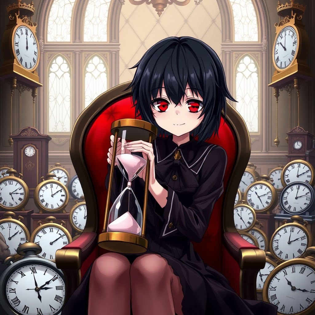 An anime girl with black hair and red eyes is carrying an hourglass. She has a smile like a villain and pale skin like a vampire. The girl is sitting on a chair in a noble mansion. Inside the room, there are many other clocks surrounding her.