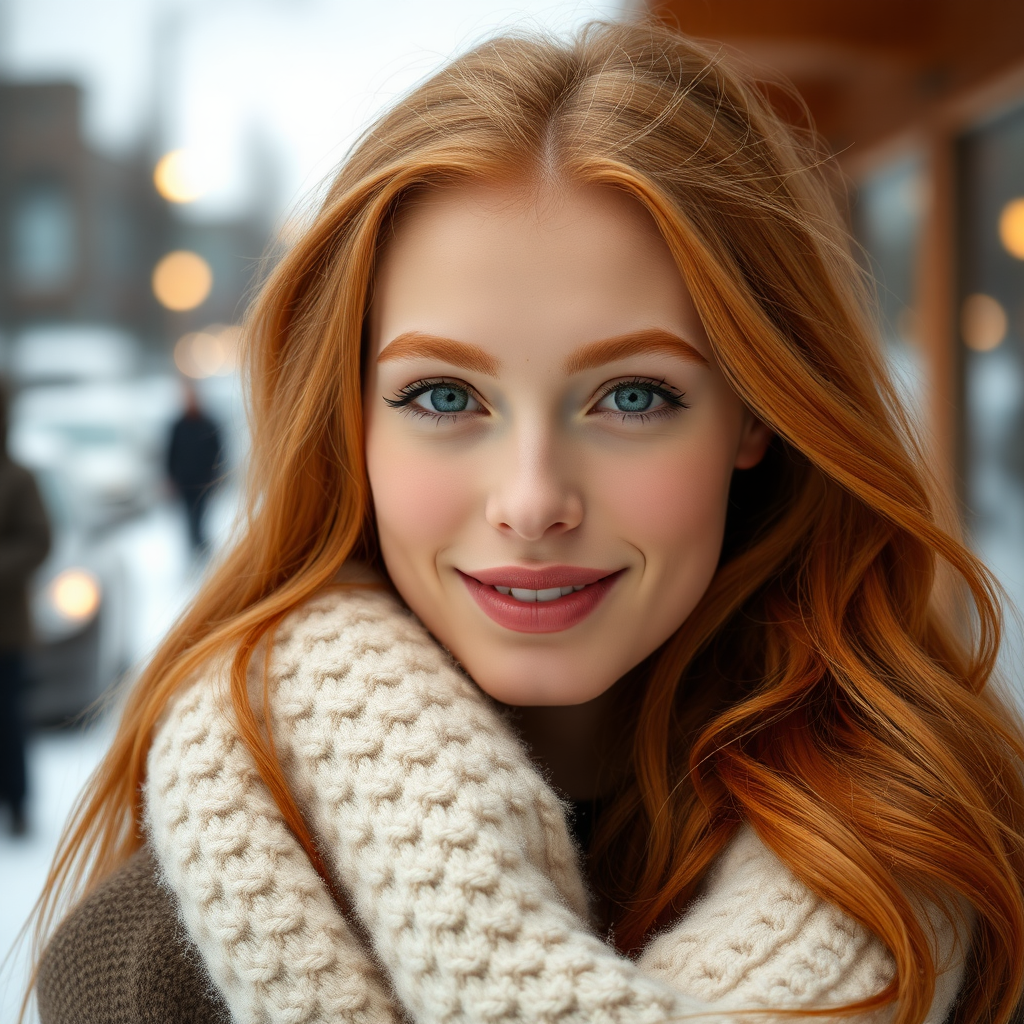 beautiful elegant young woman with lush ginger long hair, full lips, perfect eyebrows, pale skin, on Alaska during winter happy in Anchorage