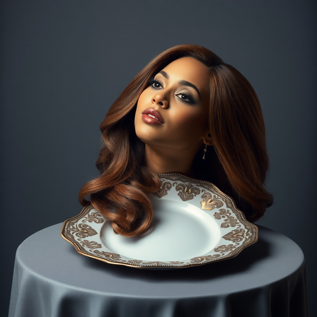 In a surreal and striking scene, the elegantly styled disembodied head of a stunningly beautiful Beyoncé rests gracefully on an ornate, luxurious plate, which is carefully placed on a simple, understated table. Her very long, flowing hair cascades like a rich waterfall of silky, rich brown locks, framing her exquisite face and accentuating her radiant, flawlessly glowing skin. The delicate contours of her chin rest lightly against the polished surface of the plate, lending an unexpected intimacy to the bizarre presentation.

The background is a muted, plain gray, casting an air of modern minimalism that contrasts dramatically with the lavishness of her appearance. Soft shadows play across her features, highlighting the subtle high cheekbones and perfectly shaped lips, which seem poised for a soft smile. The atmosphere feels both elegant and eerie, inviting intrigue and contemplation as viewers are drawn into this surreal artistic tableau, where beauty and the absurd collide in unexpected harmony.