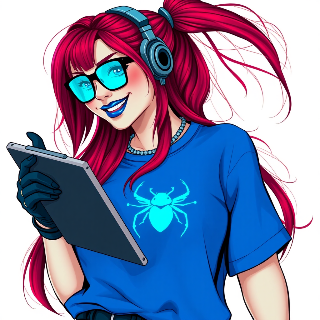 An intelligent and tech-savvy 29-year-old computer hacker and tech genius. She has a long ruby red ponytail. She wears maximum blue lipstick, blue eyes, a sapphire beetle gemstone necklace, sapphire earrings, black eyeglasses, hi-tech power gloves, and an oversized maximum blue t-shirt featuring a neon blue glowing beetle chest icon. She has a gargantuan full-figured physique with a prominent round gargantuan midsection, reflecting her well-cared-for lifestyle. She sports a sapphire headset with a hi-tech maximum turquoise lensed HUD, and a beaming smile accentuated by a passionate neon red blush. She serves as his tech expert from his hideout, holding a futuristic tool wrench and a futuristic digital tablet. The background is solid white. She is drawn as if she was in a retro 2D cyberpunk fighting game.