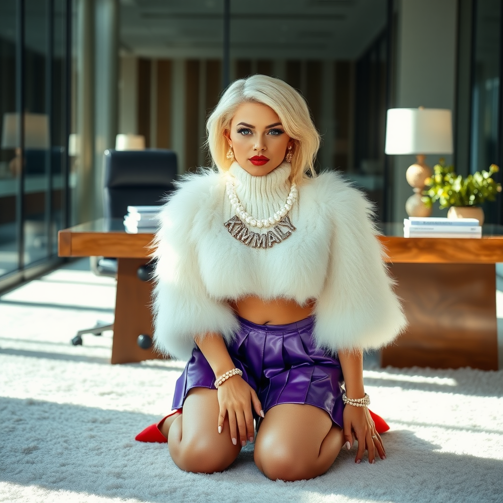 Sunny spring morning, modern glass-steel-concrete office, kneeling on fluffy carpet in front of CEO’s desk: Kimberly, 19 years old very convincing femboy “trophy-bimbo”, tamed servile docile, very beautiful feminine flawless face, rather short, by hormones very curvaceous womanly figured, platinum blond short tight curls, bold red lips, long white French nails, heavily made-up face, wearing Supertanya-style fluffy very fuzzy bright white angora turtleneck-poncho cropped ending under bust decorated with pearls and glass stones, purple vinyl pleated mini-skirt, bright red pumps with golden very high heels, white pearl belly piercing, large pearl earrings, striking diamond “KIMBERLY” letter brooch on left chest, thick heavy pearl wristlets, pearl anklets, pout frustrated, leaning forward hands on carpet presenting her assets, looking at camera. Focus on face and turtleneck-poncho.