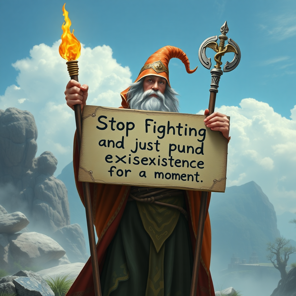 a godly wizard holding a sign that says "stop fighting and just ponder existence for a moment"