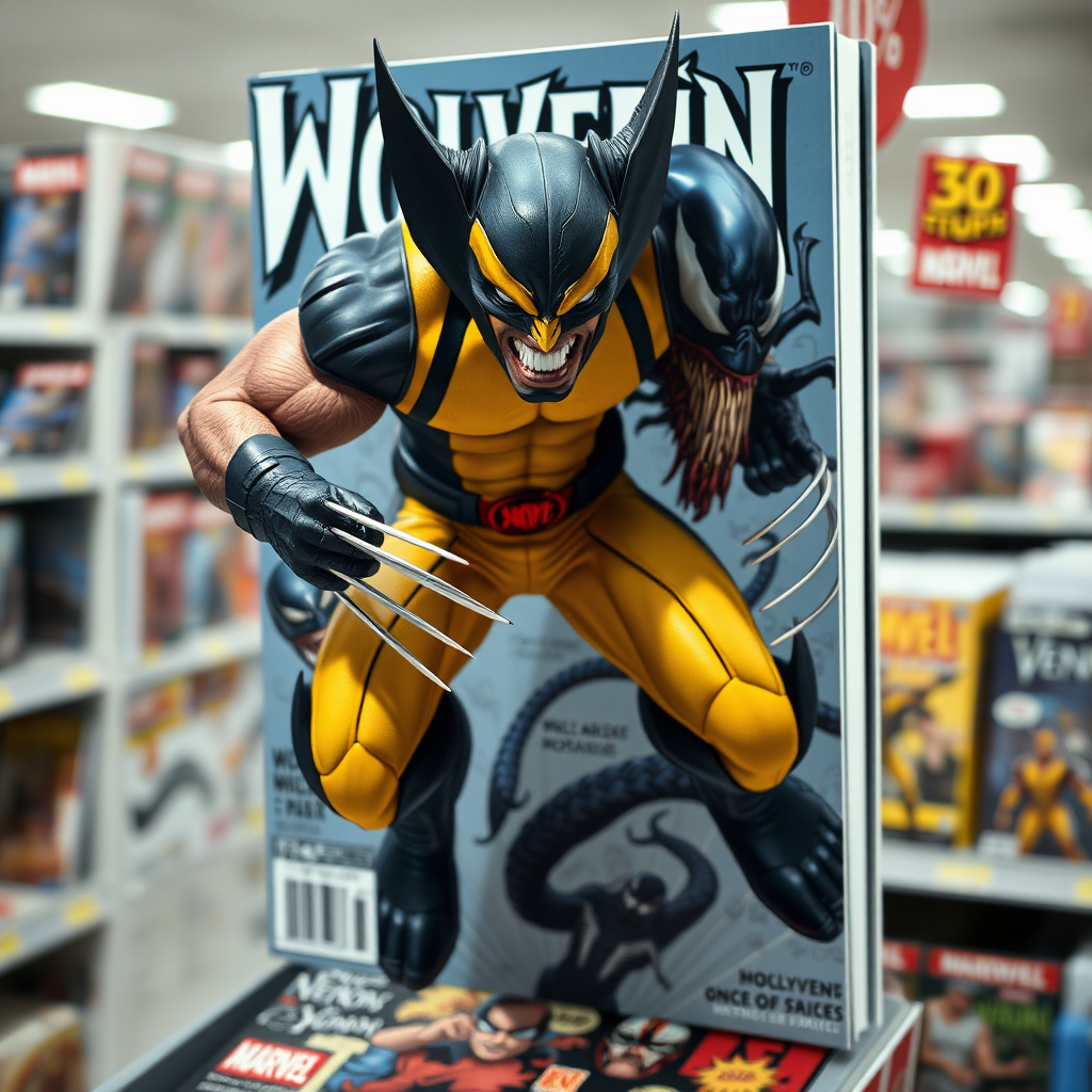 Jumping out of a comic book cover on a store shelf is Wolverine and Venom. Wolverine has his claws placed into Venom in Cinematic Real3D photo-realistic quality.