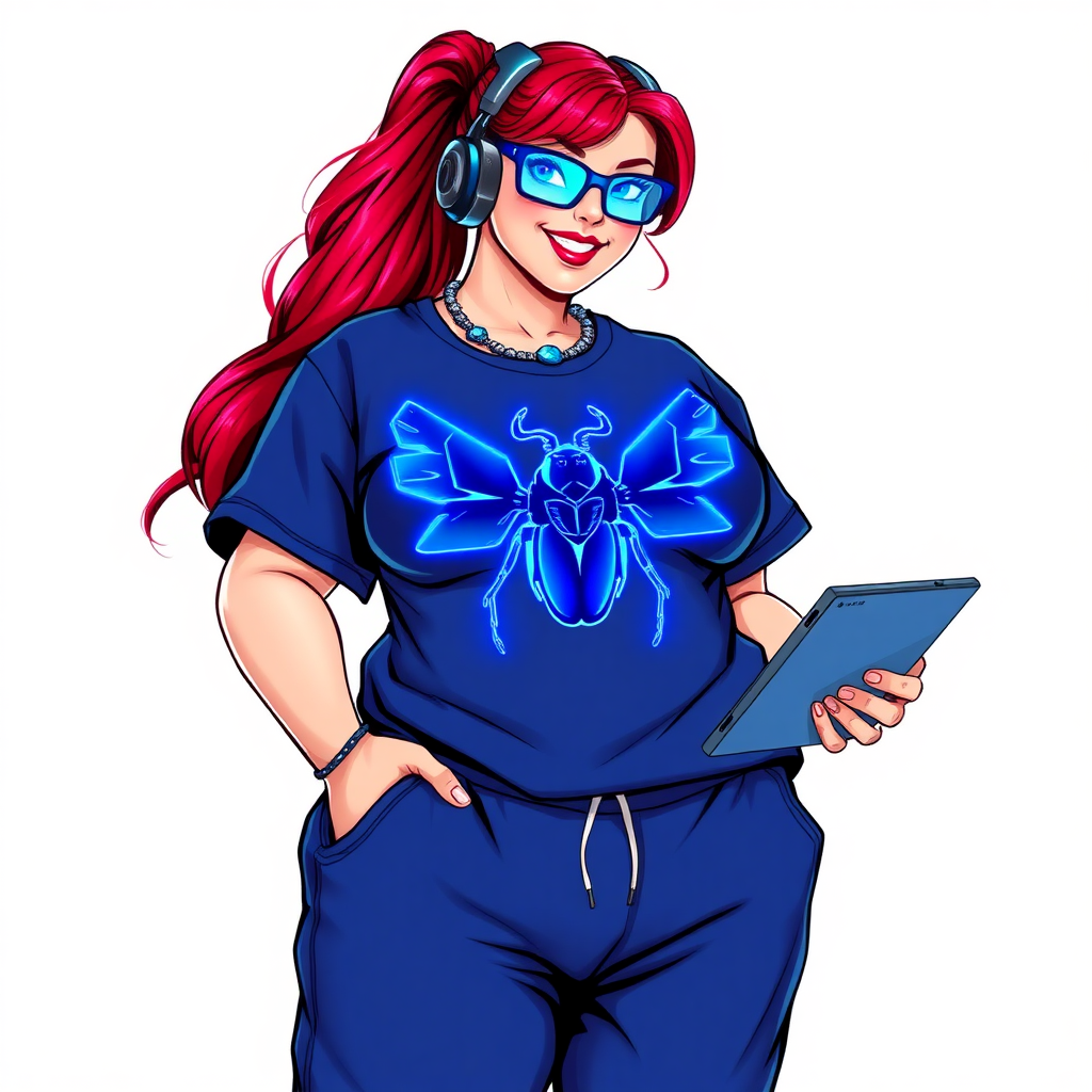 A cyberpunk vigilante’s full-figured intelligent and tech-savvy 29-year-old girlfriend, who is a computer hacker and tech genius. She has a long ruby red ponytail and bright blue eyes. She wears a sapphire beetle gemstone necklace, an oversized Maximum Blue (RGB 71, 171, 204) t-shirt featuring a giant neon blue chest icon of a winged beetle, and matching Maximum Blue sweatpants. She has a full-figured physique with a prominent midsection, reflecting her well-cared-for lifestyle. She sports a sapphire headset with a hi-tech Maximum Blue (RGB 71, 171, 204) lensed HUD visor, Maximum Blue (RGB 71, 171, 204) lipstick, black eyeglasses, and a beaming smile with a passionate bright red blush. Despite her figure and a lack of self-esteem, she radiates an air of beauty. She has an angular face which contributes to her radiant beauty. She serves as his tech expert from his hideout, holding a holographic tablet and a hi-tech tool wrench. The background is solid white. She is drawn as if she was in a retro 2D cyberpunk fighting game. Make sure her outfit covers her midsection.