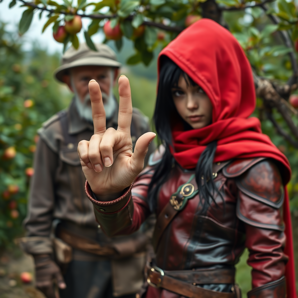 A photo realistic girl with black hair and brown eyes in red leather armor and a red hood holding up a gold finger ring to an old man in dirty work clothes while standing in an apple tree orchard.