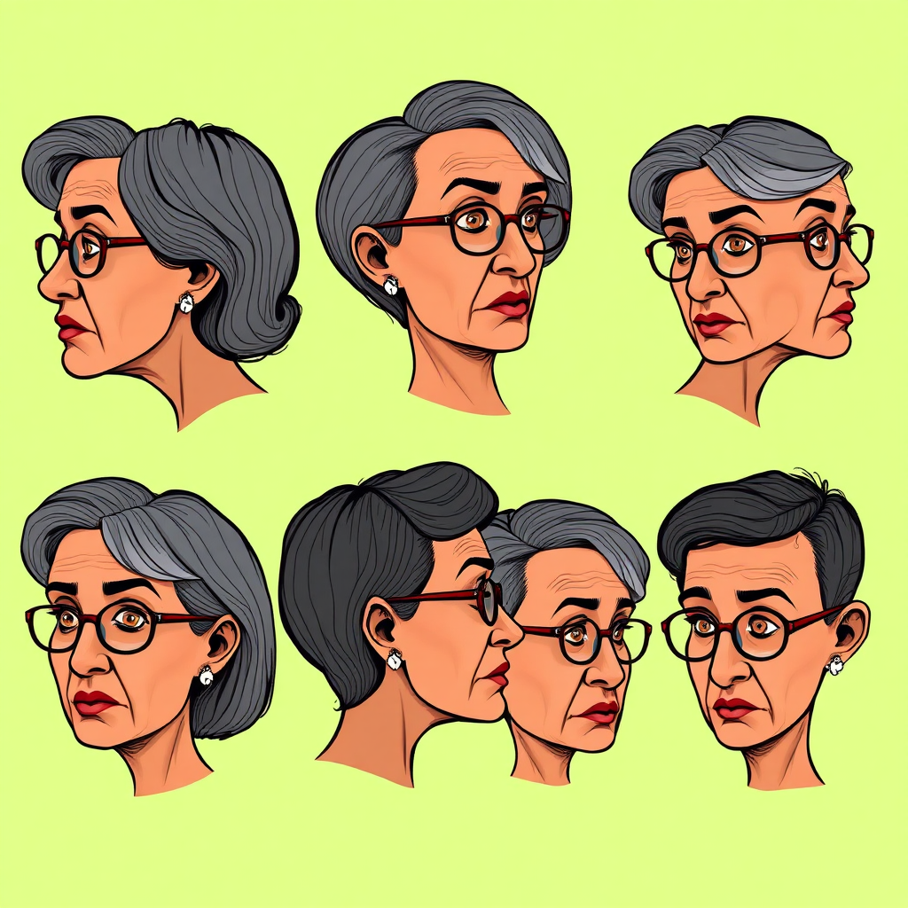 Photorealistic image of six headshots of a 50 Years old, European, Latina, sharp aquiline nose, wrinkles, high cheekbones, Middle Eastern, Skinny, Tanned skin, Dark light skin, full Makeup, jewelry, Sharp nose, frowning, astonished, shocked, dark grey Ash hair, short bowl haircut, Brown eye color, round Glasses, with detailed features. Each photo displays the same face in back, profile and front view, cut out and isolated on a green background. All six heads are visible side by side, empty space around each view, no overlapping. 2D, caricature, cartoon, Sketch lines, coloring book style, well composed, clean coloring book page, No dither, no gradient, strong outline, vector illustration