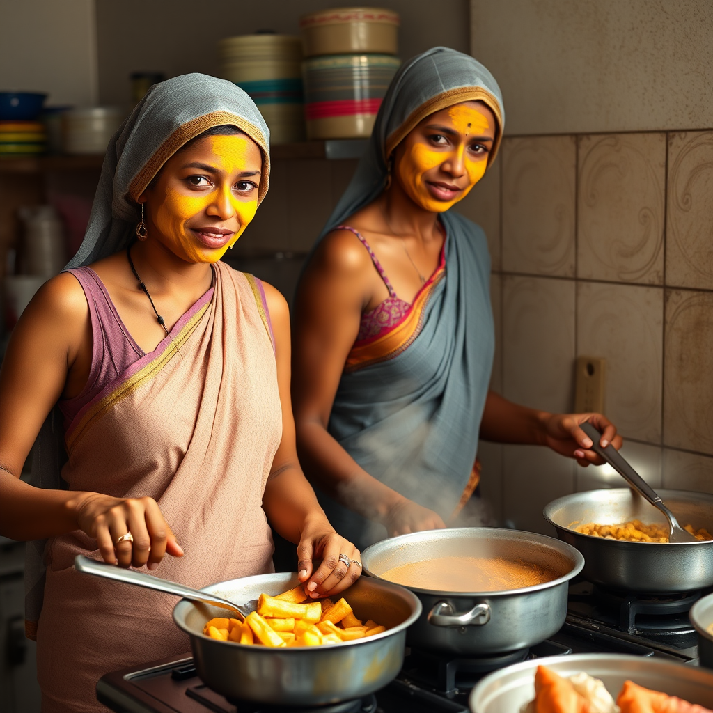 2 slim, 30 year old, Indian maids with hair coverings. They are cooking food in the kitchen. Their faces are covered with turmeric face mask.