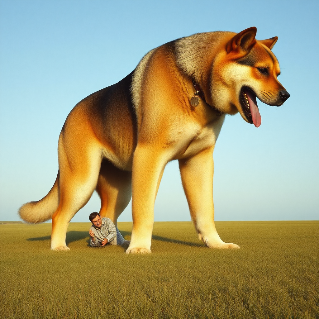 A giant-huge dog in a plain field eating a small man