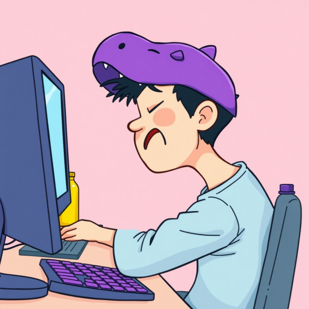 A high-quality illustration of a person sitting at a desk in front of a computer, yawning, with a purple dinosaur-themed cap and light blue shirt. The desk has a computer screen, a keyboard with purple keys, and a yellow bottle beside it. The view is the same as the original image with a light pink background and similar details, but the person now has a dinosaur cap instead of the original one.