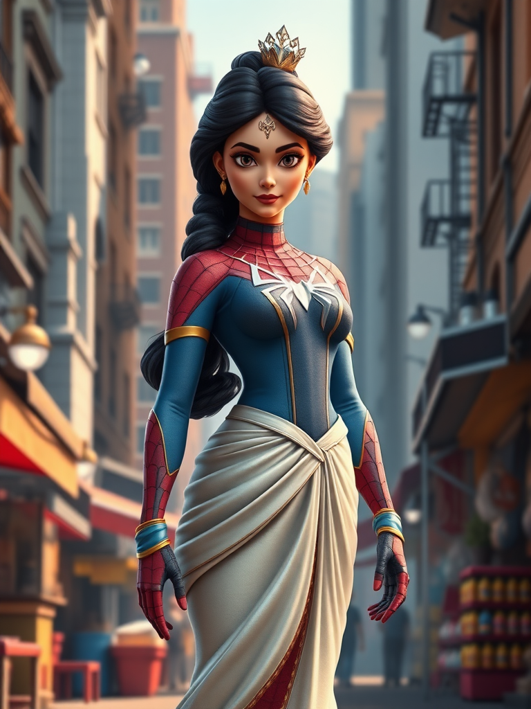 Create a full-body photorealistic render of Princess Jasmine, maintaining her head but transforming her body to exhibit Spider-Man's physique. Adjust the body structure to reflect a masculine silhouette while keeping Jasmine's original facial features. Redesign the costume to harmonize with the new body type, ensuring it retains elements of Jasmine's original attire. Position the character in a vibrant, dynamic urban setting that fits the themes of both Princess Jasmine and Spider-Man, incorporating elements such as market stalls or rooftops to enhance the scene's authenticity.