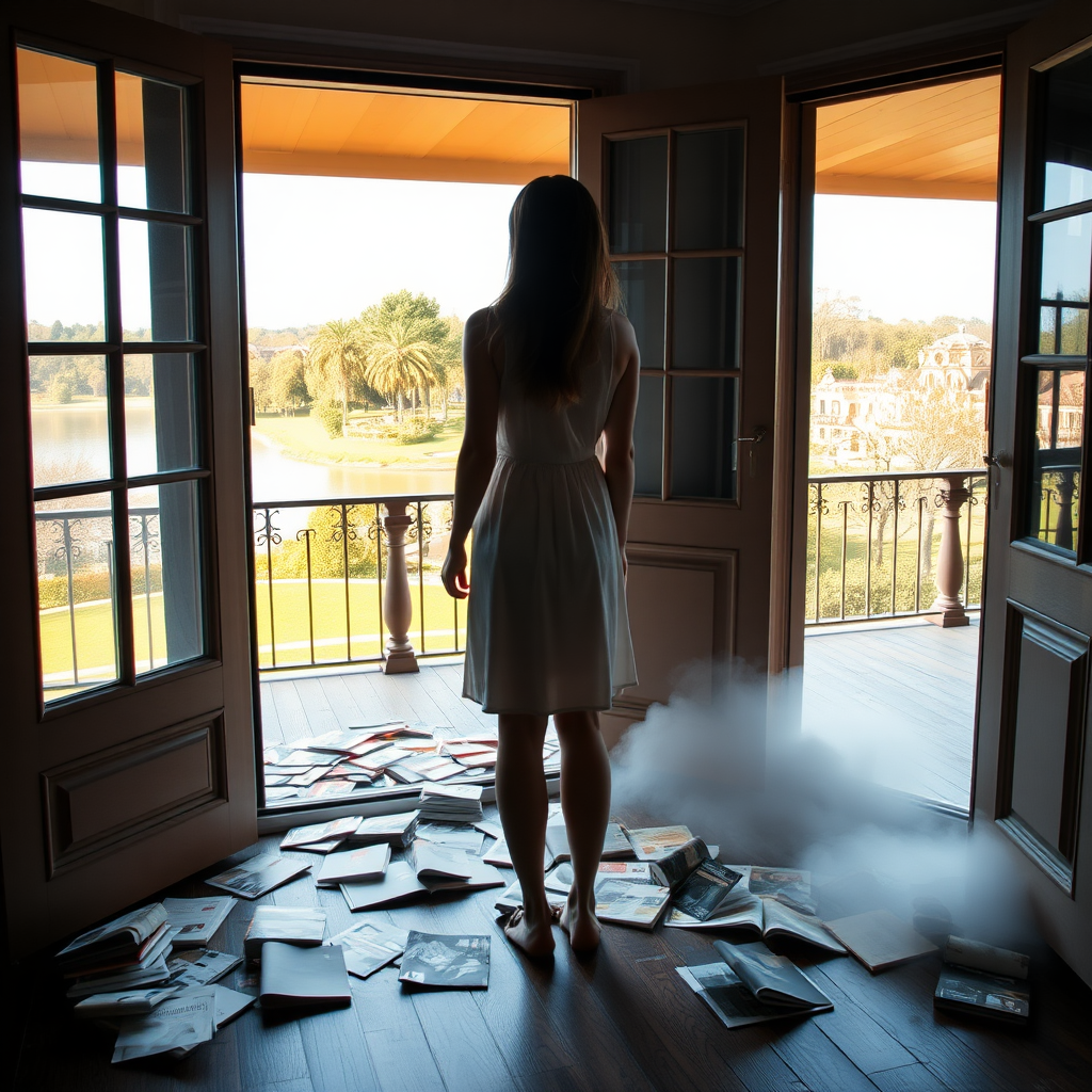 A young woman standing in the door frame of an open terrace door and looking outside to a beautiful park with a lake and trees. She is wearing a simple dress and is barefooted. Long brunette hair with highlights. On the floor behind her in the room, there are many disrupted books and magazines. Warm light outside, darkness inside. The books and magazines slowly disappear into the fog on the ground of the room. Sun on the ground level terrace. No fence or handrail. Photo.