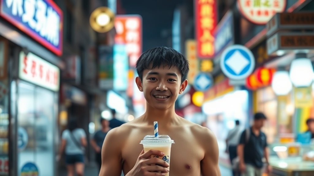 A bustling city street, brightly lit, fuzzy, a Taiwanese boy wandering in a night market, facing forward, wearing a sweet smile, with a strong build, bare upper body, holding bubble tea in his hand.