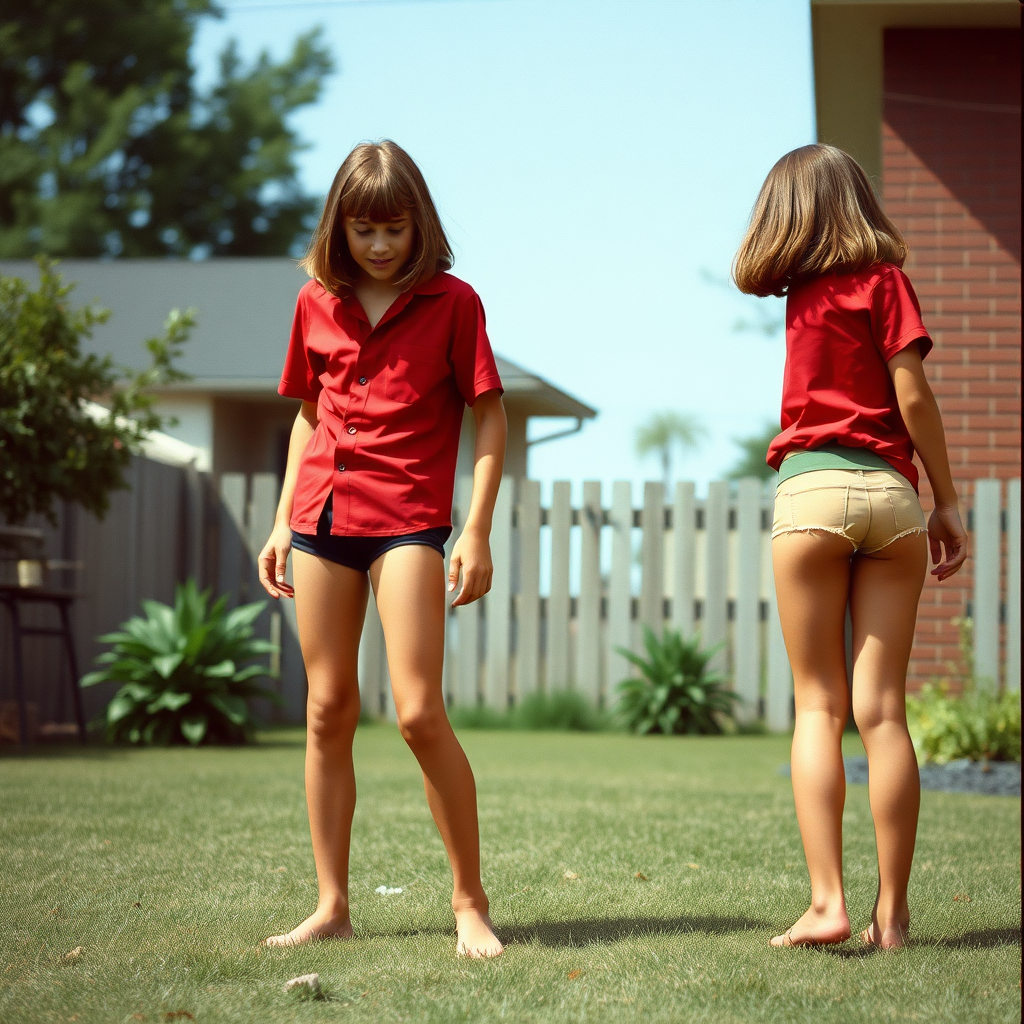 two tall 14yo teen boys, long hair bob cut, wearing shirts and very tight booty shorts, long legs, narrow thighs, full-length view. 1970s. Playing at backyard. photorealistic, ultra high resolution, 16K, Negative: grainy, blurry, bad anatomy, extra limbs, watermark.