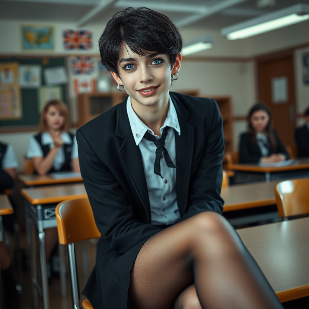 photorealistic, ultra high resolution, 16K, surreal fantasy, soft studio lighting, a pretty 17 year old goth male, slim male physique, short dark hair, blue eyes, goth makeup, earrings, sheer pantyhose, UK girls-school uniform, Mary-Jane shoes, sitting in the classroom, excited smile, facing the camera.