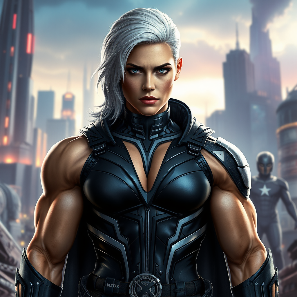 Create a full-length photorealistic image of a mashup character combining Emma Frost's head, hairstyle, and facial features with the muscular male physique of Marcus Fenix. Retain Emma's iconic costume but alter it to fit the new body. Design a dynamic background that blends elements from both characters' universes, incorporating futuristic cityscapes and gritty battle terrain, showcasing the contrast between Emma’s elegance and Marcus’s ruggedness. Focus on vibrant colors and realistic details to bring the character to life, highlighting both personalities in this unique fusion.