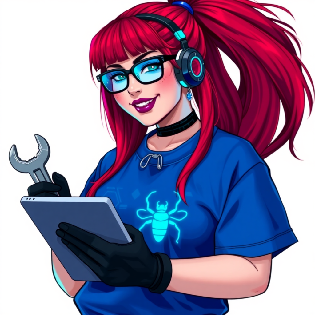 A full-sized, intelligent and tech-savvy 28-year-old computer hacker and tech genius. She has a long ruby red ponytail. She wears maximum blue lipstick, blue eyes, a sapphire beetle gemstone necklace, sapphire earrings, black eyeglasses, hi-tech power gloves, and an oversized maximum blue t-shirt featuring a neon blue glowing beetle chest icon. She has a full-figured physique with a prominent, wrecking ball-sized midsection, reflecting her well-cared-for lifestyle. She sports a sapphire headset with a hi-tech maximum turquoise lensed HUD, and a beaming smile accentuated by a passionate neon red blush. She serves as his tech expert from his hideout, holding a futuristic tool wrench and a futuristic digital tablet. The background is solid white. She is drawn as if she was in a retro 2D cyberpunk fighting game.