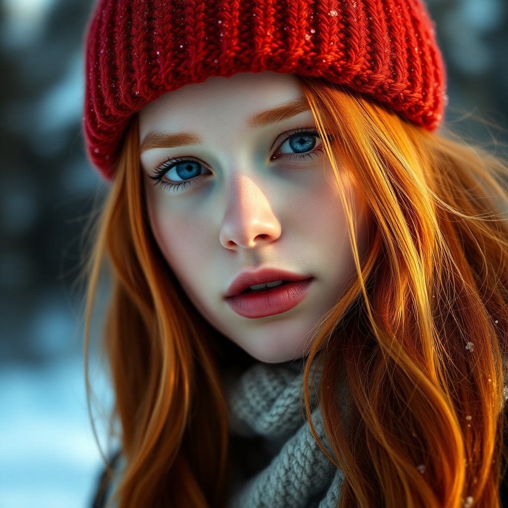 beautiful young woman with lush ginger long hair, full lips, pale skin, on Alaska during winter