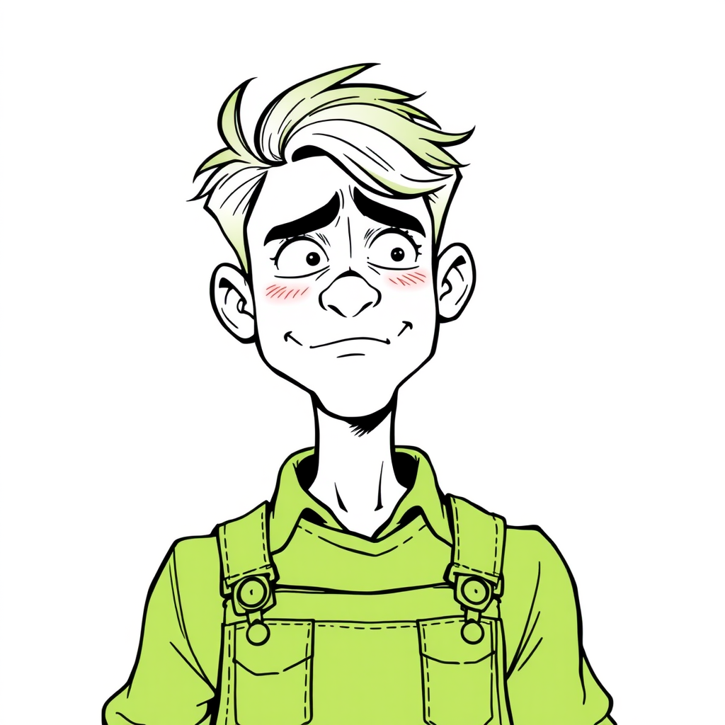 blushing shy nervous small 20 year old european skinny man wearing green work overalls is trying to hide his excitement, long establishing shot, 2D, caricature, cartoon, Sketch lines, coloring book, black and white, coloring book style on white background, well composed, clean coloring book page, No dither, no gradient, strong outline, No fill, No solids, vector illustration